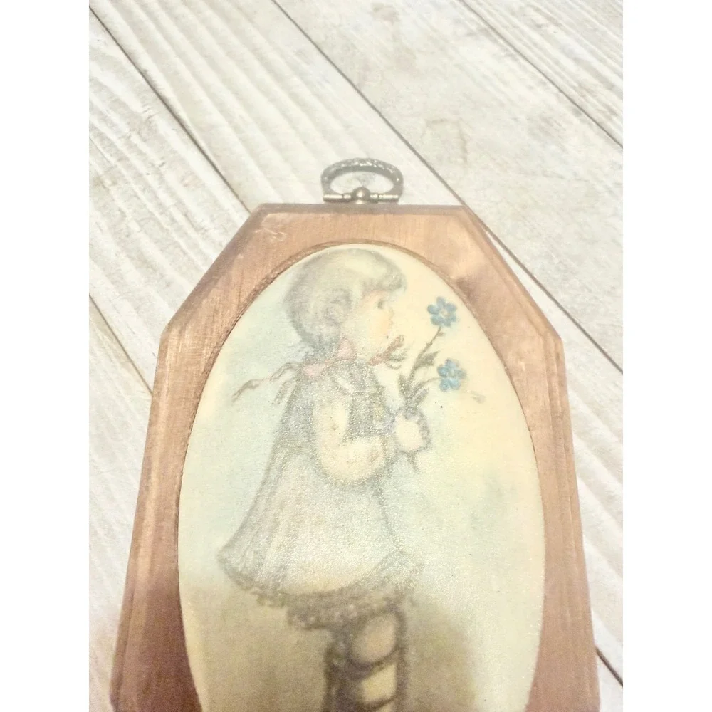 Vintage Hummel Wood‎ Wall Plaque Girl with Blue Flowers Cottagecore Decor 6.5in